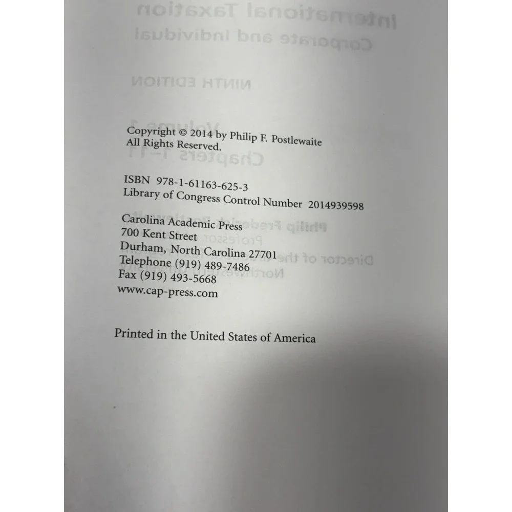 International Taxation Corporate Individual 9th Ed Carolina Pres Vol 1 & 2 Books